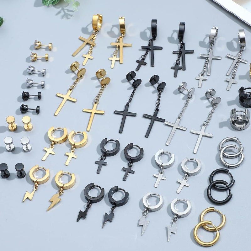 NEWITIN 24 Pairs Stainless Steel Earrings for Men Hypoallergenic Inlaid Cubic Zirconia Studs Hoop Earring Cross Dangle Earrings Unisex Punk Stud Earring for Women Men - Image 4